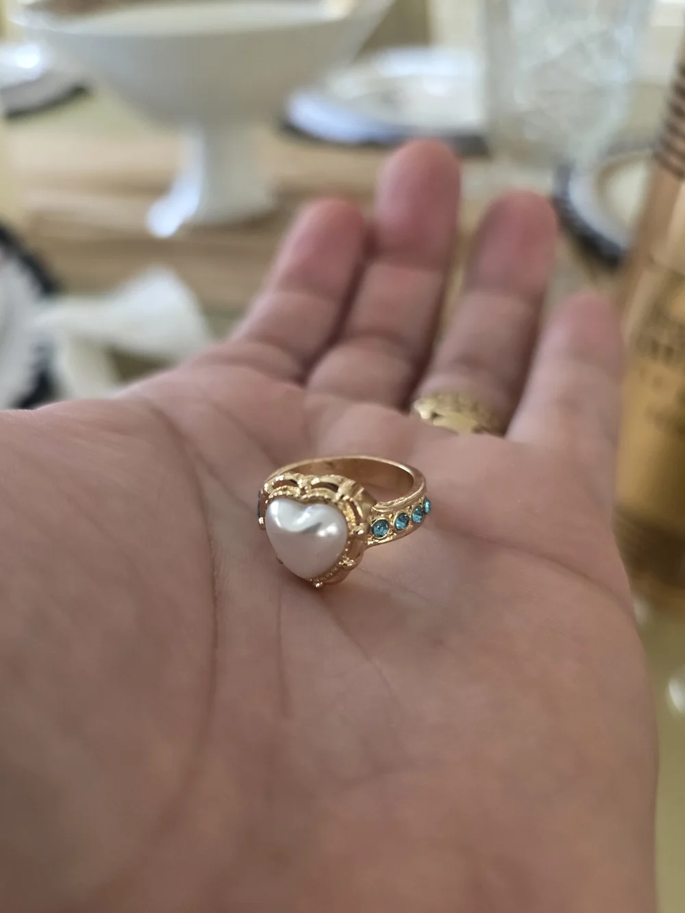 Gold White Pearl Teardrop Ring with Blue Accent  Stones